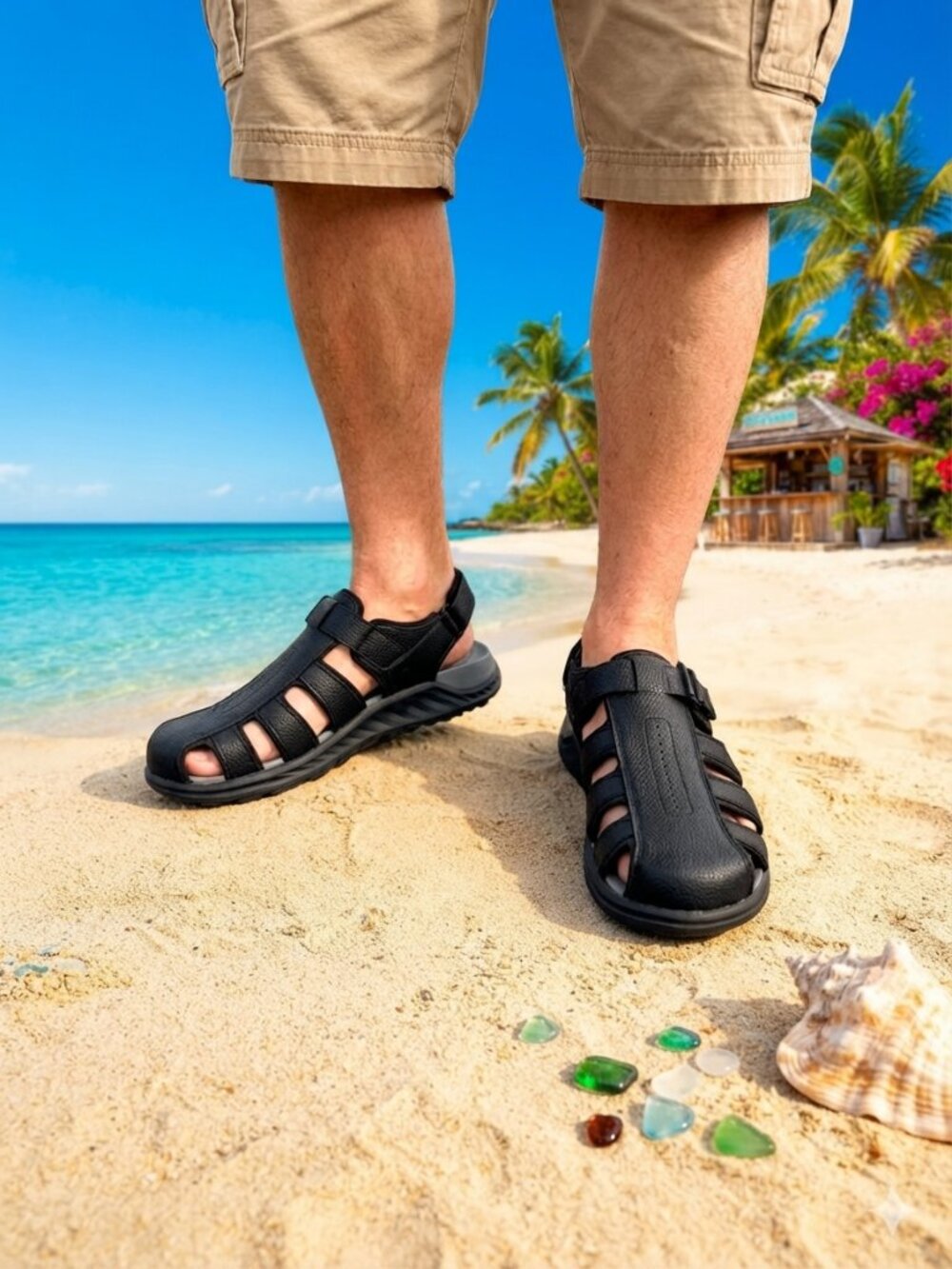 Men's Premium Black Leather Fisherman Sandals - Size 10 - Comfortable & Durable